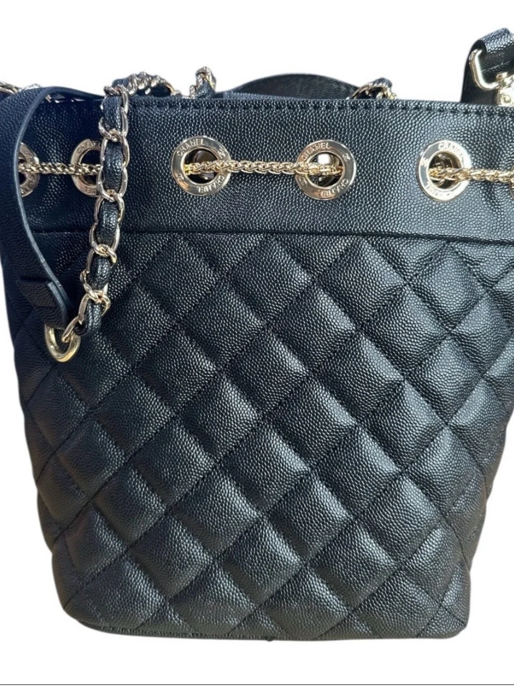 GWP CHANEL Black Quilted Drawstring Shoulder Bag with Gold Hardware